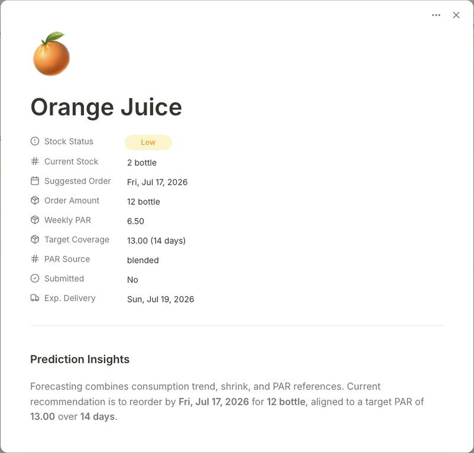 Bars Bookkeeper prediction for Orange Juice showing low stock, two bottles on hand, a twelve-bottle order recommendation, a fourteen-day target, and the underlying forecasting rationale.